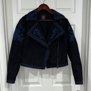 Marchesa Black Leather Jacket with Blue Embroidery